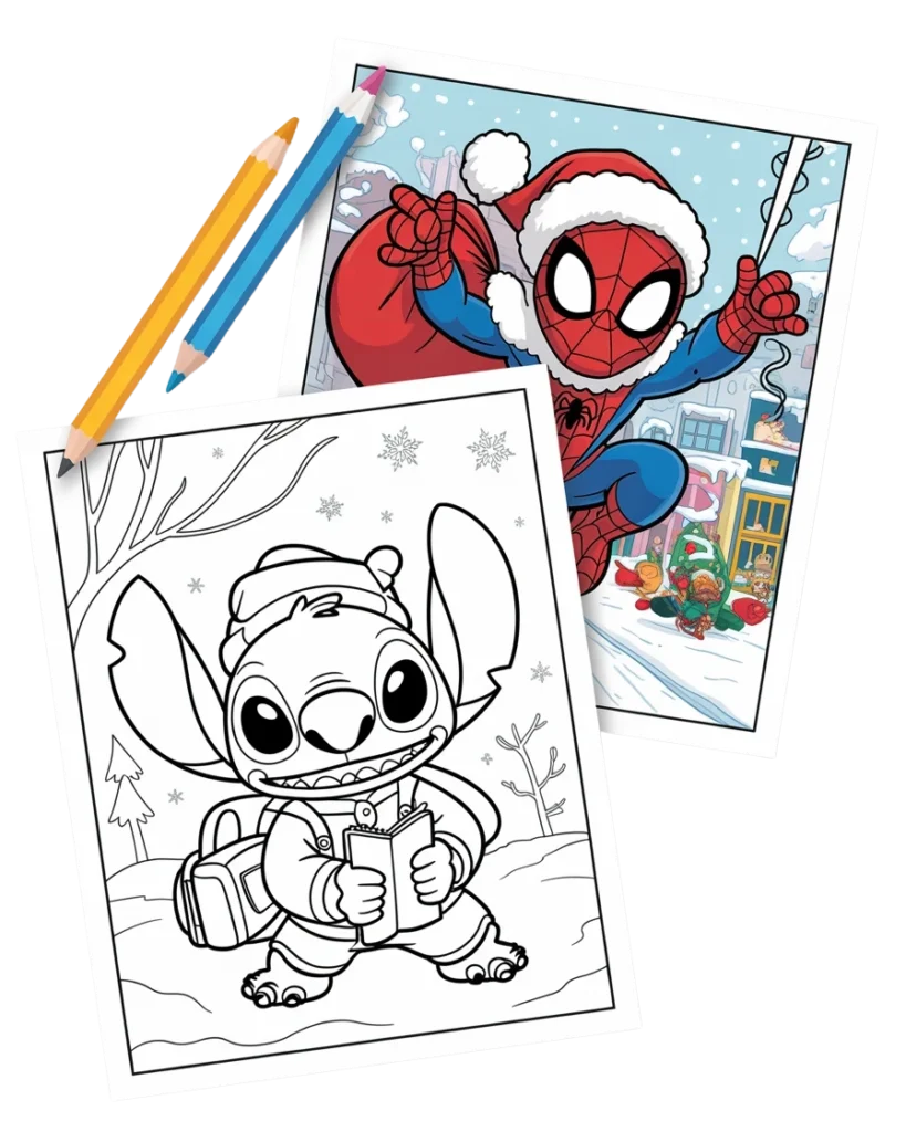 Creative contrast of two coloring sheets: An uncolored line art page featuring Stitch in a winter back-to-school costume next to a vibrant, fully colored Spider-Man as Santa Claus. Perfect for themed printable activities.