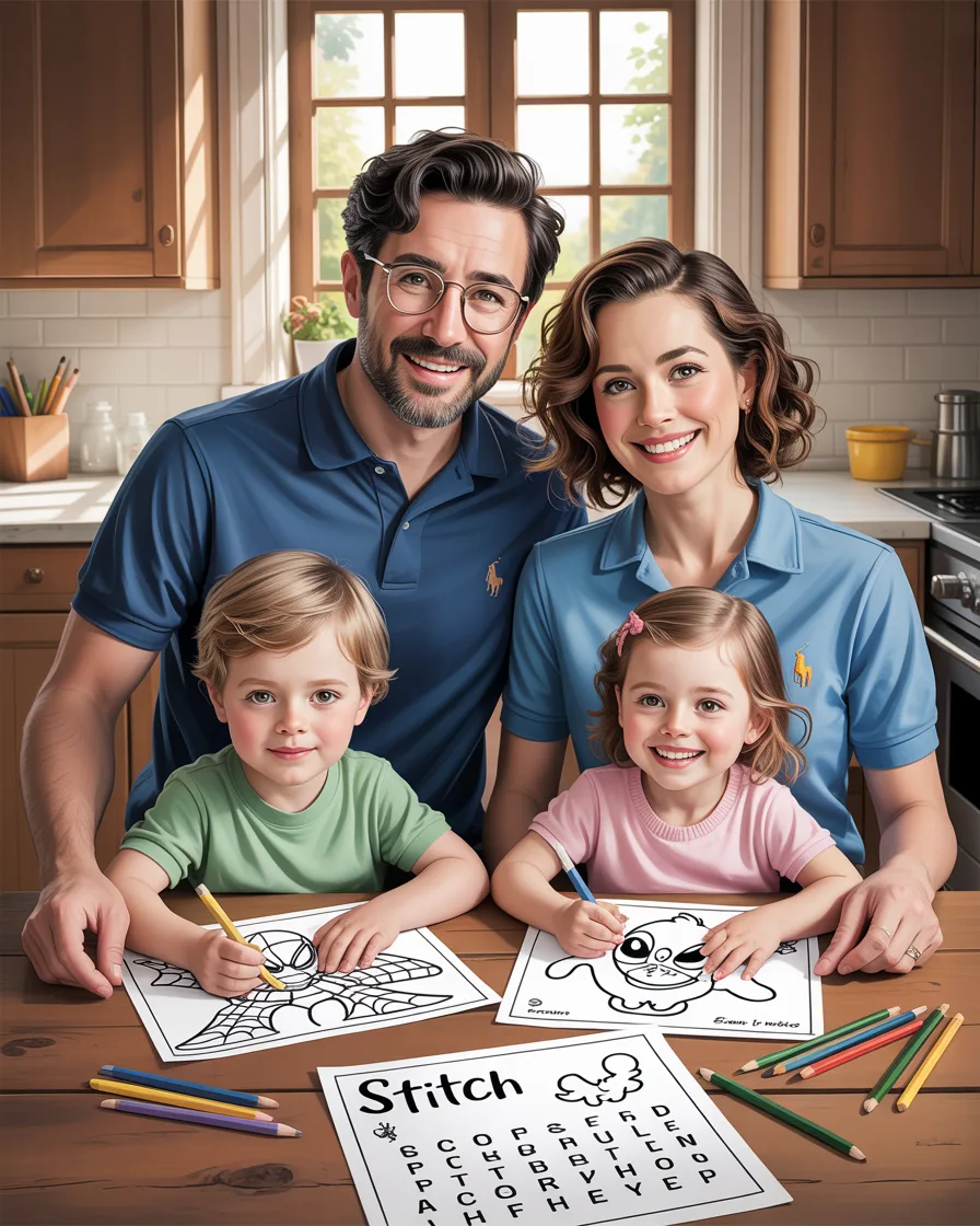 Family Coloring Page Activity: Spider-Man, Stitch & Alphabet
